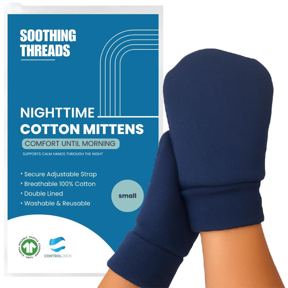 SoothingThreads 100% Organic Cotton Eczema Mittens for Adults Anti-Scratch Nighttime Sleeping Gloves with Secure Adjustable Strap, Reusable & Washable 1 Pair, S/M/L (Navy, Small)