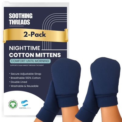 SoothingThreads 100% Organic Cotton Eczema Mittens for Adults Anti-Scratch Nighttime Sleeping Gloves with Secure Adjustable Strap, Reusable & Washable 2 Pairs, S/M/L (Navy, Medium)