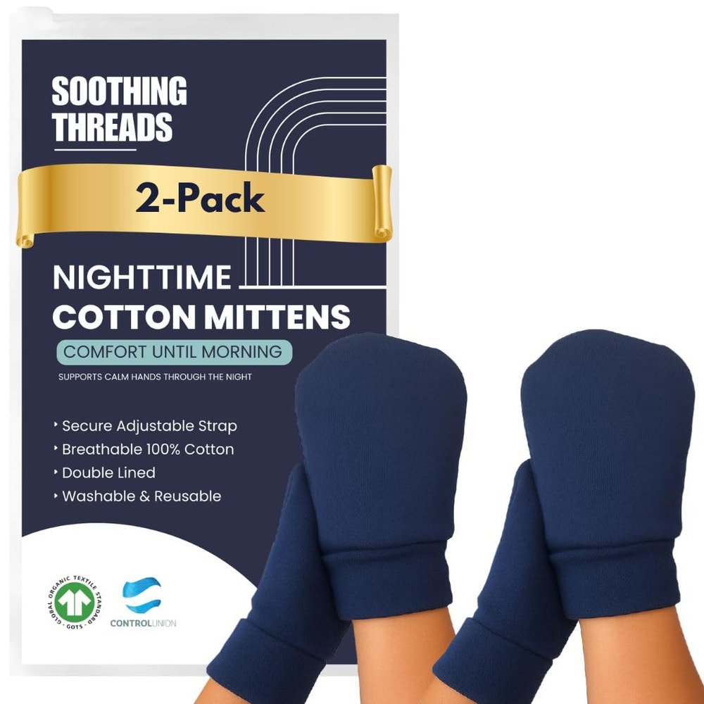 SoothingThreads 100% Organic Cotton Eczema Mittens for Adults Anti-Scratch Nighttime Sleeping Gloves with Secure Adjustable Strap, Reusable & Washable 2 Pairs, S/M/L (Navy, Medium)