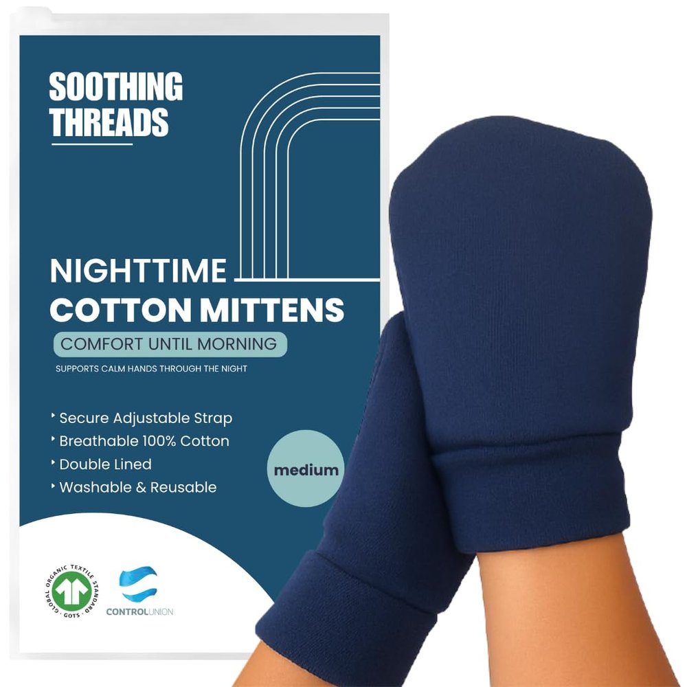 SoothingThreads 100% Organic Cotton Eczema Mittens for Adults Anti-Scratch Nighttime Sleeping Gloves with Secure Adjustable Strap, Reusable & Washable 1 Pair, S/M/L (Navy, Medium)