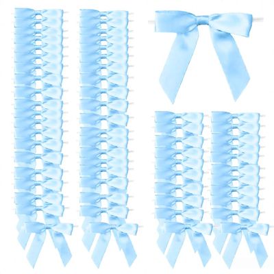 100 Pcs 2.6" Pre-Tied Blue Satin Ribbon Bows Twist Tie All-in-One Party Decor Kit Premade Bows for Gift Wrapping, Treat Bags & Tying The Knot Celebrations,Light Blue