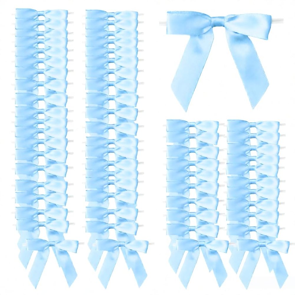 100 Pcs 2.6" Pre-Tied Blue Satin Ribbon Bows Twist Tie All-in-One Party Decor Kit Premade Bows for Gift Wrapping, Treat Bags & Tying The Knot Celebrations,Light Blue