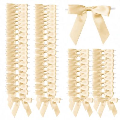 100 Pcs 2.6" Pre-Tied Pink Satin Ribbon Twist Tie Bows All-in-One Party Decor Kit Premade Bows for Gift Wrapping, Treat Bags & Tying The Knot Celebrations,Champagne