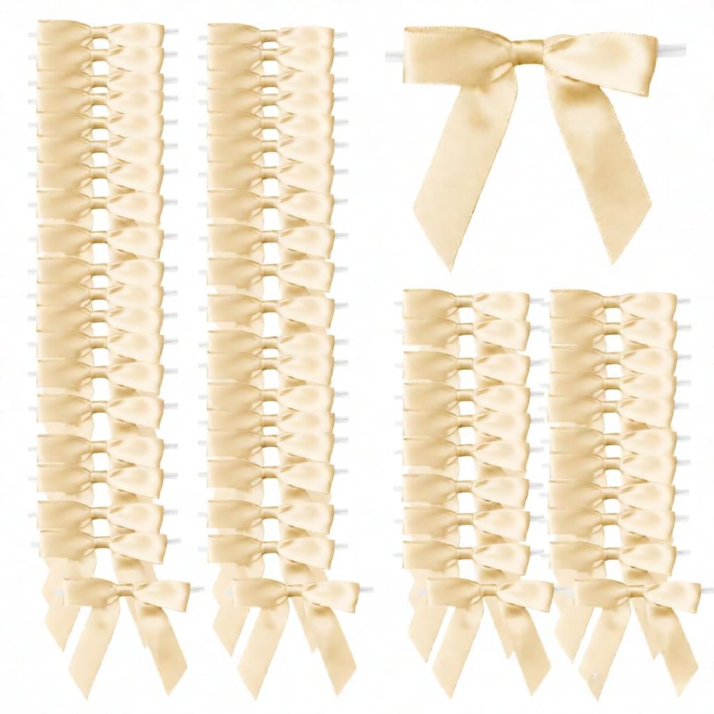 100 Pcs 2.6" Pre-Tied Pink Satin Ribbon Twist Tie Bows All-in-One Party Decor Kit Premade Bows for Gift Wrapping, Treat Bags & Tying The Knot Celebrations,Champagne