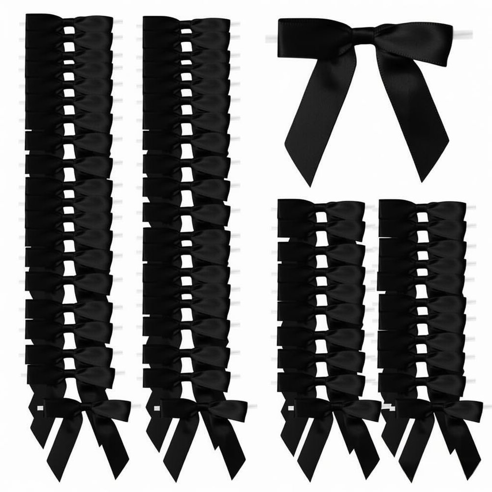 100 Pcs 2.6" Pre-Tied Pink Bows Pink Satin Ribbon Bows Pink Twist Tie Bows All-in-One Party Decor Kit Premade Bows for Gift Wrapping, Treat Bags & Tying The Knot Celebrations,Black