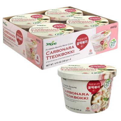 Jayone Cup Tteokbokki, Korean Rice Cake Street Food Snack, Quick & Easy to Cook, Microwavable, Creamy Carbonara Sauce (4 Cups)