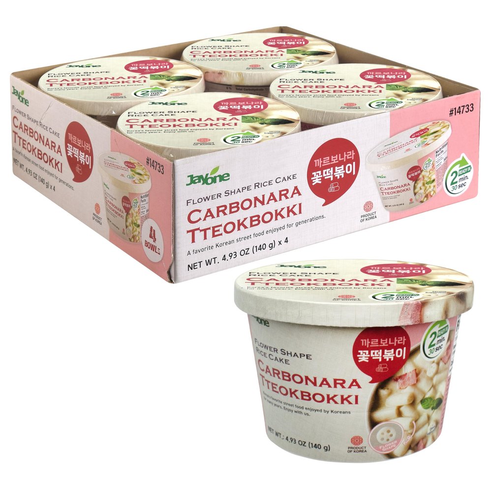 Jayone Cup Tteokbokki, Korean Rice Cake Street Food Snack, Quick & Easy to Cook, Microwavable, Creamy Carbonara Sauce (4 Cups)