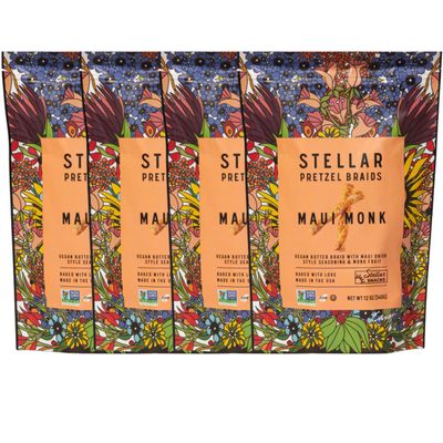 Stellar Snacks Pretzel Braids, Maui Monk 12 Oz (4 Packs), Resealable Bags, Gourmet Pretzel Sticks, Vegan, Kosher, Non GMO, Peanut Free, Healthy Snack