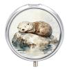 Stone on The Otter's Rest Pill Box Round Weekly Pills Organizer with Mirror 3 Compartments Portable Travel Pills Container Cute Pill Case for Fish Oil Supplements view 1