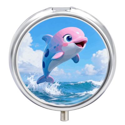 Little Dolphin Pill Box Round Weekly Pills Organizer with Mirror 3 Compartments Portable Travel Pills Container Cute Pill Case for Fish Oil Supplements