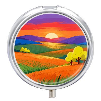 Sunset in The Countryside Pill Box Round Weekly Pills Organizer with Mirror 3 Compartments Portable Travel Pills Container Cute Pill Case for Fish Oil Supplements