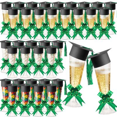 Dunzoom 72 Pack 72 Pack 2026 Graduation Candy Champagne Flute Plastic, Graduation Party Favors for Guests 5 oz Cocktail Disposable Box Jar and Mini Grad Cap with Tassel Pull Bow Glasses (Green)