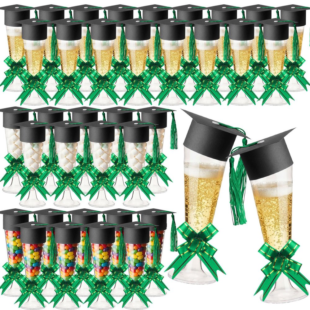 Dunzoom 72 Pack 72 Pack 2026 Graduation Candy Champagne Flute Plastic, Graduation Party Favors for Guests 5 oz Cocktail Disposable Box Jar and Mini Grad Cap with Tassel Pull Bow Glasses (Green)