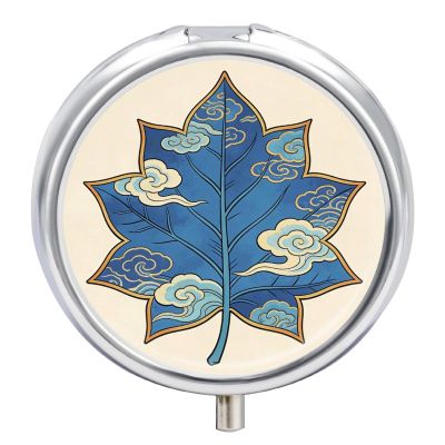 Star Edge Blue Leaf Pill Box Round Weekly Pills Organizer with Mirror 3 Compartments Portable Travel Pills Container Cute Pill Case for Fish Oil Supplements