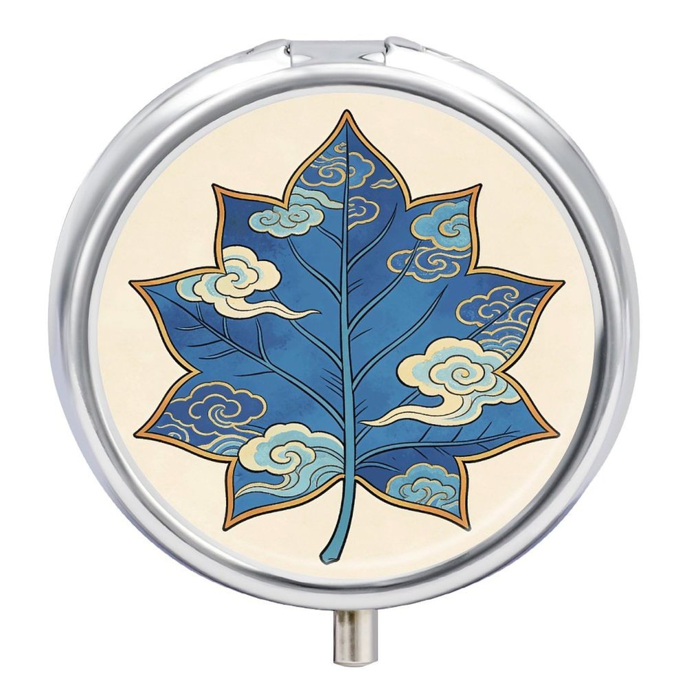 Star Edge Blue Leaf Pill Box Round Weekly Pills Organizer with Mirror 3 Compartments Portable Travel Pills Container Cute Pill Case for Fish Oil Supplements