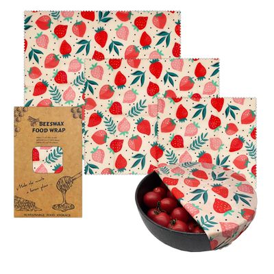 Reusable Beeswax Wraps For Food SML 3 Pack Bee's Wrap for Bowl Covers and Food Storage, Reusable Cling Wrap (Strawberry)