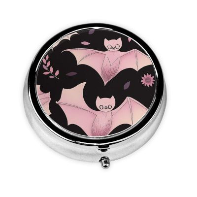 Pink Bat and Floral Pill Box Portable Round 3 Compartment Pill Case Hold Vitamins