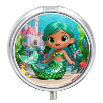 Scales Green Mermaid Pill Box Round Weekly Pills Organizer with Mirror 3 Compartments Portable Travel Pills Container Cute Pill Case for Fish Oil Supplements