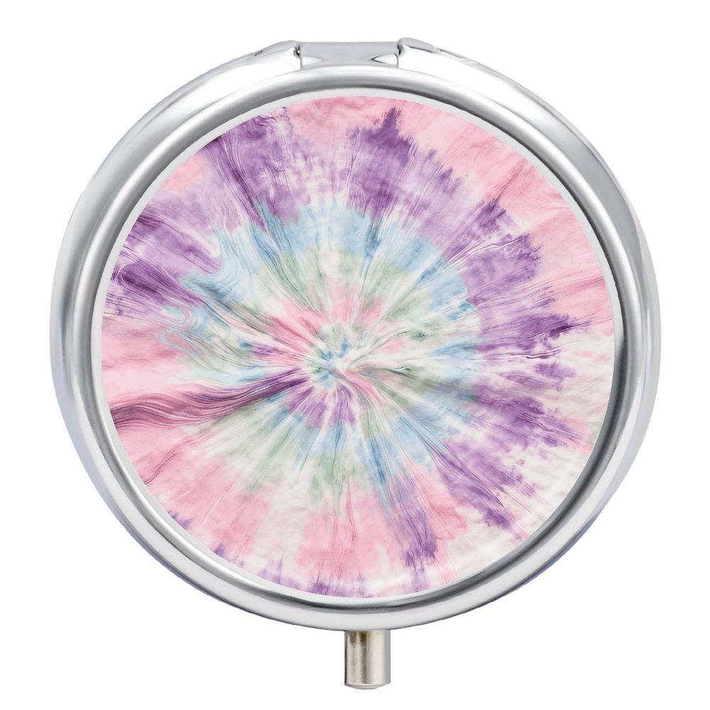 Pastel Tie Dye Pill Box Round Weekly Pills Organizer with Mirror 3 Compartments Portable Travel Pills Container Cute Pill Case for Fish Oil Supplements