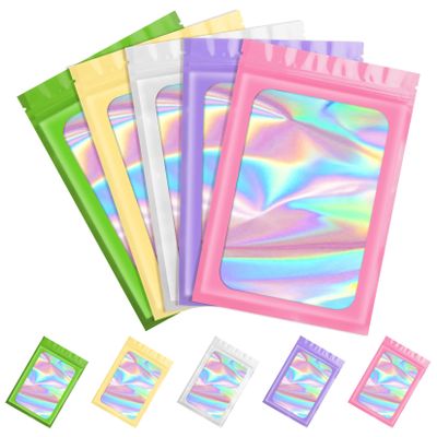 Funfery 100 PCS 5 Mixed Color Mylar Holographic Bags,Smell Proof Resealable Bags,Clear Foil Zipper Bag for Food Storage,Small Packaging Baggies for Samples,Candy,Jewelry,Small Business-3x4.7 in
