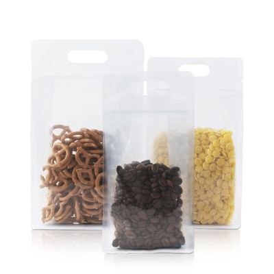100 Pack Resealable Bags, 6.2x10.2 Inch Clear Flat Bottom Stand Up Pouch Bag with Handle, Reusable Zipper Lock Food Storage Bags for Packaging Treat, Candy, Snack, Spices, Herbs & Pet Food