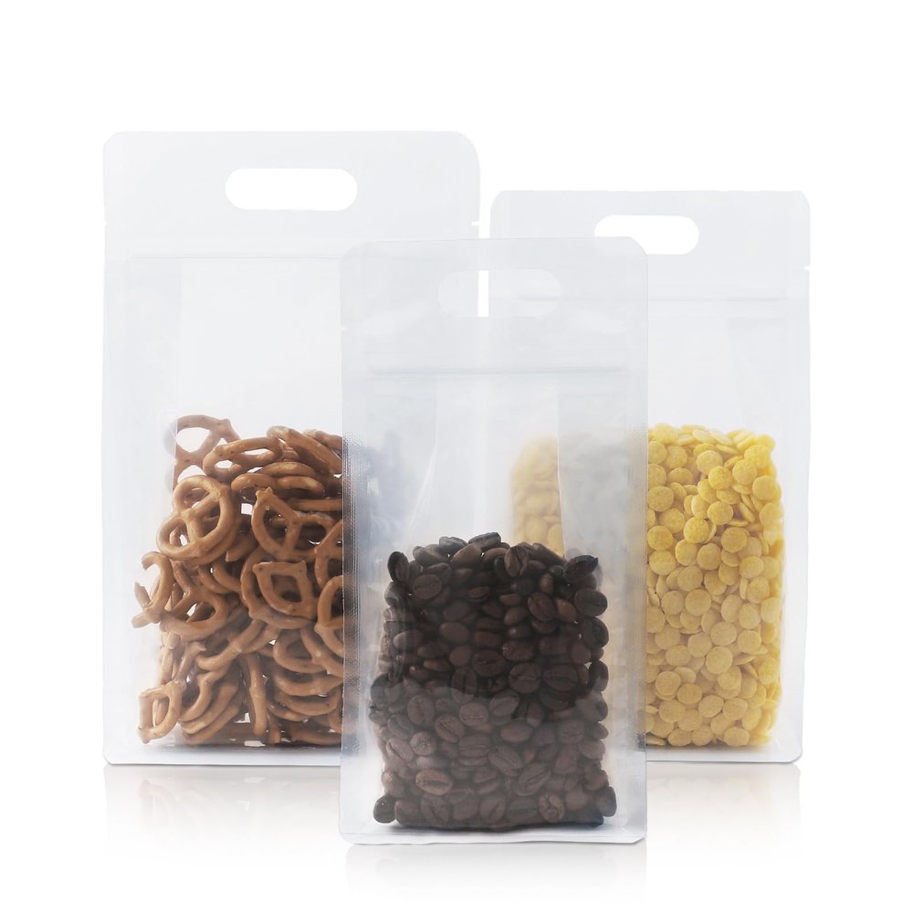 100 Pack Resealable Bags, 6.2x10.2 Inch Clear Flat Bottom Stand Up Pouch Bag with Handle, Reusable Zipper Lock Food Storage Bags for Packaging Treat, Candy, Snack, Spices, Herbs & Pet Food