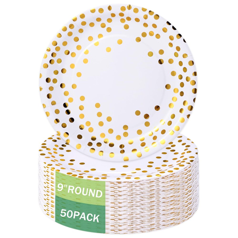 qonimi White and Gold Party Supplies, 50 Pack Gold Dot Paper Plates 9 Inches Disposable Dessert Paper Plates Party Supplies for Birthday Graduation Wedding Baby Shower Christmas