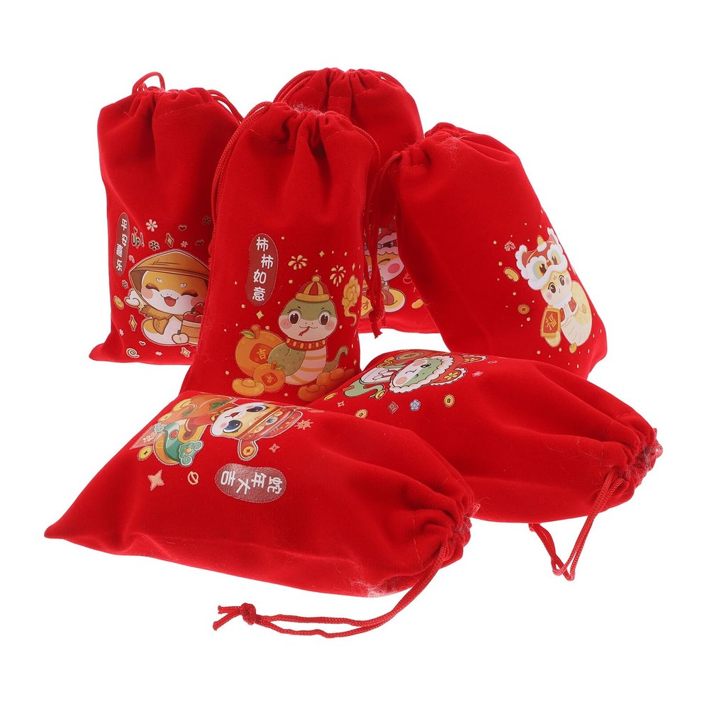 GRIRIW 6pcs 2025 Year of The Snake Chinese Red Candy Drawstring Bags 10x16cm Lunar New Year Treat Pouches for Party Favors and Festival Presents