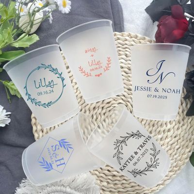 100pcs Personalized Frosted Wedding Cups Disposable Custom Frosted Wedding Personalized Shatterproof Modern Wedding Party Bridal Shower Cups (10 oz)