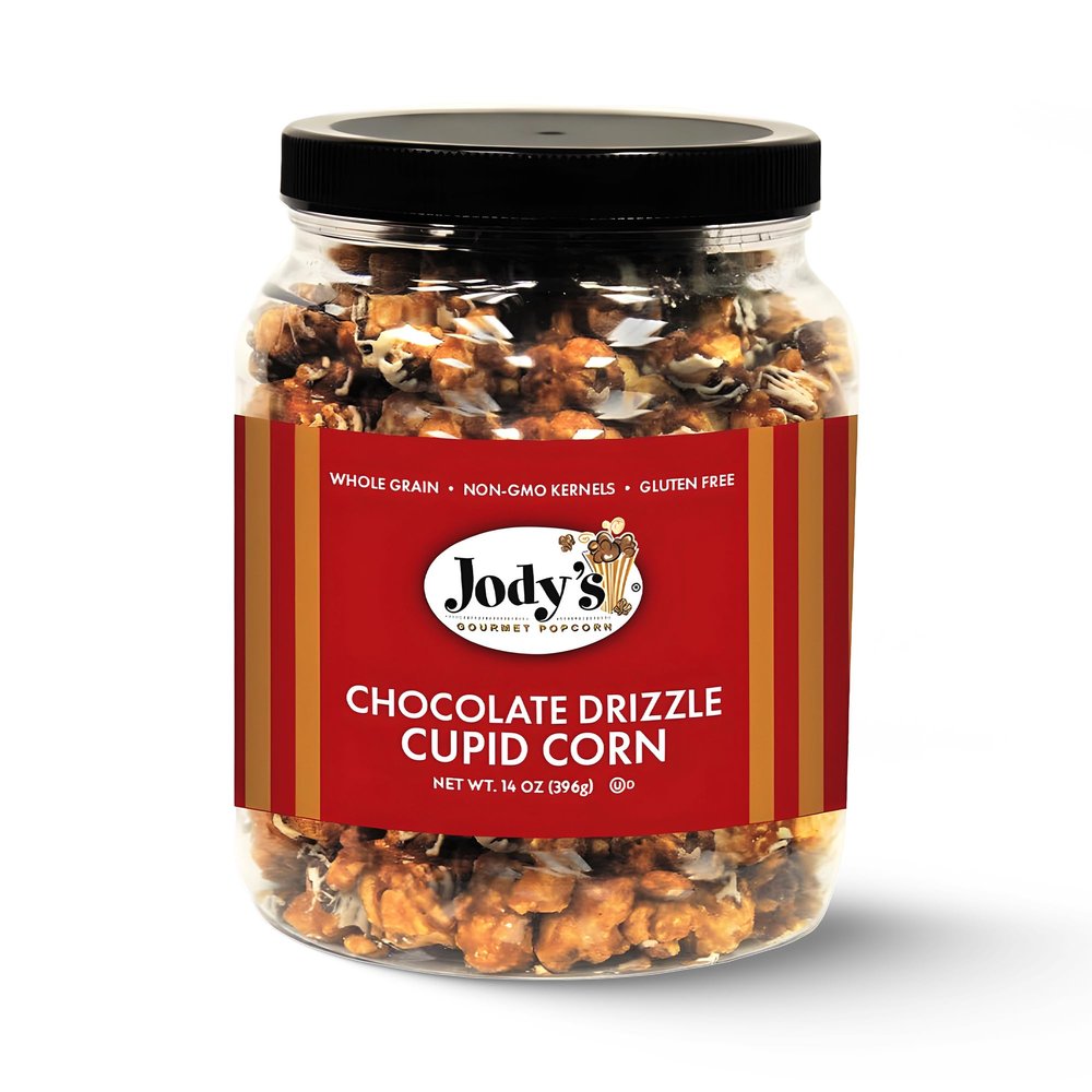 Jodys Gourmet Chocolate Drizzle Cupid Corn, Sweet Caramel Popcorn with Chocolate Drizzle, Valentines Gift Dessert Snack, 14 oz Jar