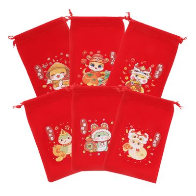 SAFIGLE 6pcs 2025 New Year Red Drawstring Candy Bags Chinese Festive Treat Pouches for Lunar New Year Party Favor Wrapping Supplies