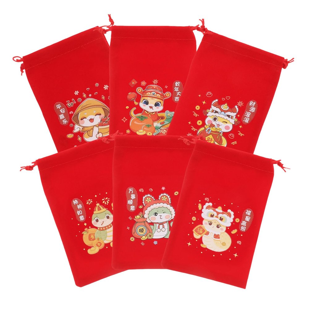 SAFIGLE 6pcs 2025 New Year Red Drawstring Candy Bags Chinese Festive Treat Pouches for Lunar New Year Party Favor Wrapping Supplies