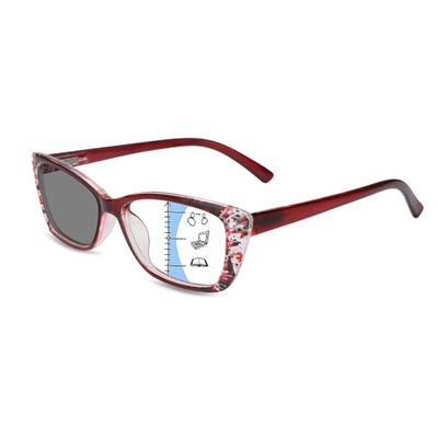 LuxGo Progressive Multifocal Reading Glasses, Photochromic Gray Sunglasses, Unisex, Round Full-Rim(Red,+0.00/+1.75 Magnification)
