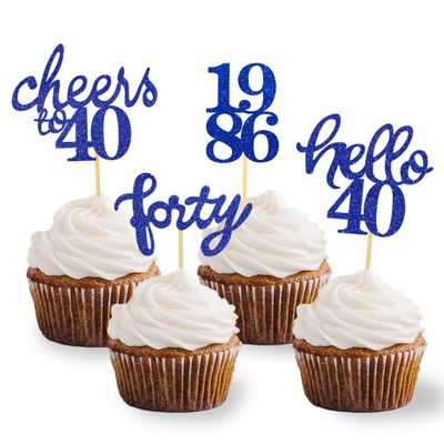 24 Pcs Glitter 40th Birthday Cupcake Toppers for Forty Years Old Birthday Party Decorations (Blue2)