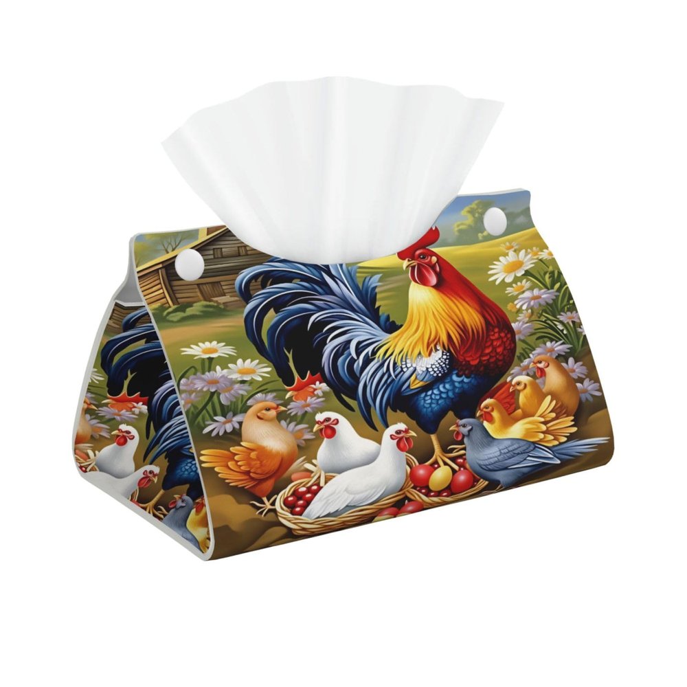 NALCKA Farm Rooster Chickens Long Tissue Box Cover Leather Tissue Bag with Snap Button Opening for Home Office Desk
