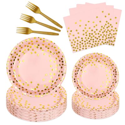 100 Pcs Pink and Gold Paper Plates and Napkins Party Supplies,Serves 25 Guests Pink Gold Plates and Napkins,Disposable Paper Tableware Set for Birthday Wedding Bridal Shower Baby Shower Decorations