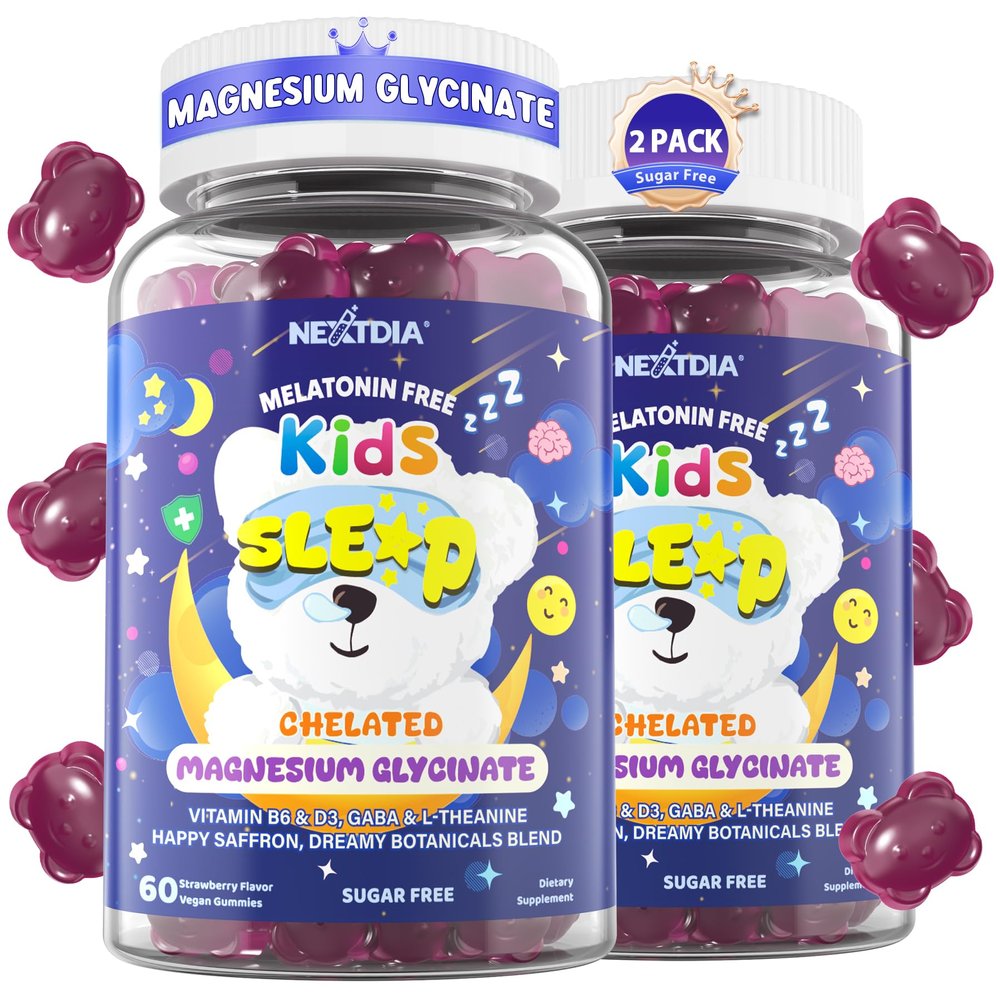 Kids Sleep Gummies NO Melatonin - Magnesium Glycinate Gummies + Saffron, GABA, Berry & Nut Superfood, Sugar Free Nighttime Sleep Aid & Calm for Kids 4+ Teens, Relaxation, Brain & Muscle, 2Pack