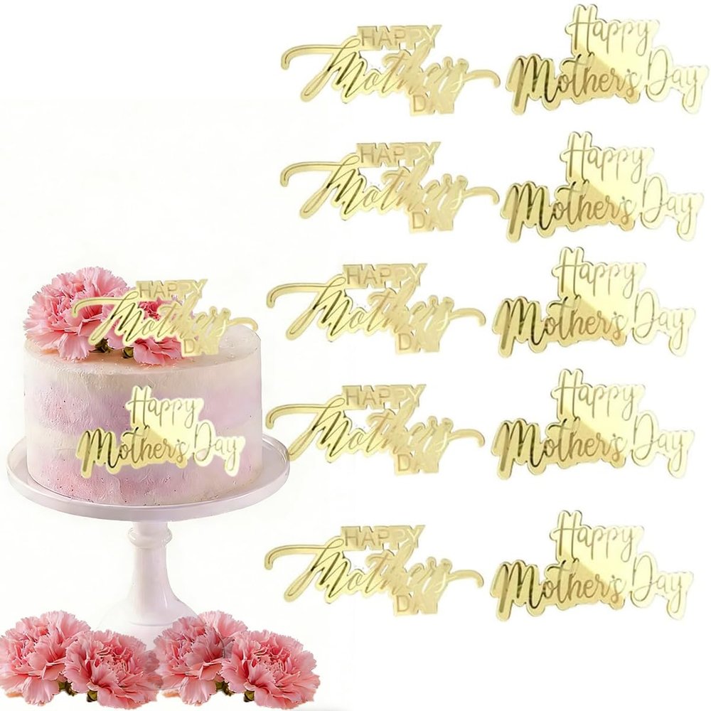 10Pcs Happy Mother's Day Cake Toppers Set Acrylic Mirror Cupcake Topper Engraved Cake Topper Decorations for Mother's Day Birthday Party Baking Decor