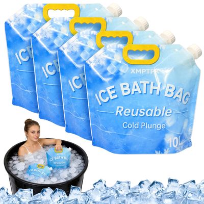 XMPTPK 4 Pack Ice Bath Bags, Reusable Cold Plunge Tub Accessories, Portable Bathtub Freezer Water Bags with Handle for Home Outdoor Bathtub Bucket(10L)