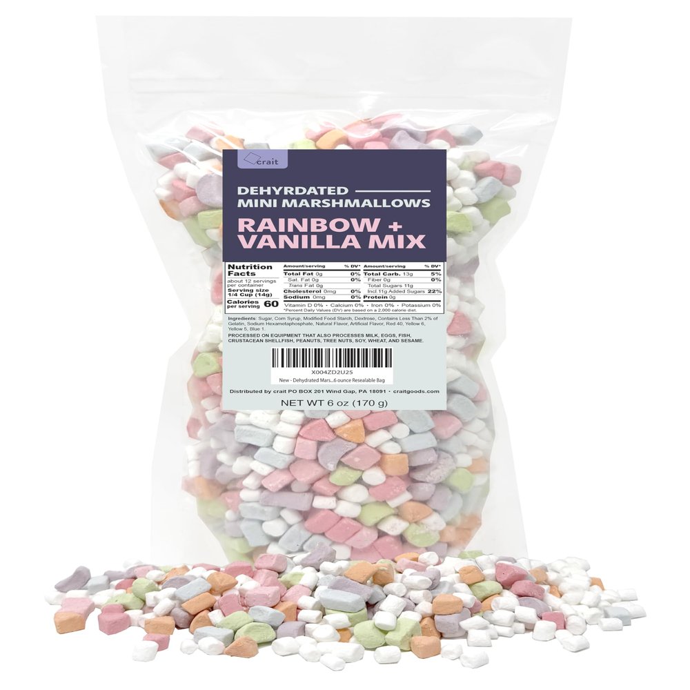 Dehydrated Marshmallows Vanilla and Rainbow Mix Mini Cereal Marshmallows for Hot Chocolate Cereal Ice Cream Baking and Desserts 6 ounce Resealable Bag