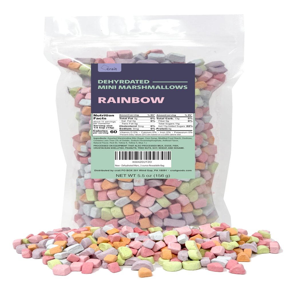 Dehydrated Marshmallows Rainbow Cereal Marshmallows Colored Mini Marshmallow Bits for Hot Chocolate Ice Cream Baking and Desserts 5.5 ounce Resealable Bag