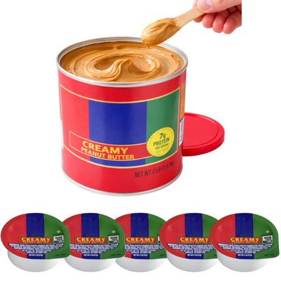 Creamy Peanut Butter Bundle 4 lb Family Size Can + 5 Mini Single Serve Cups (3/4 oz Each) with Wooden Spoon Smooth Peanut Spread for Snacks, Baking & Meal Prep