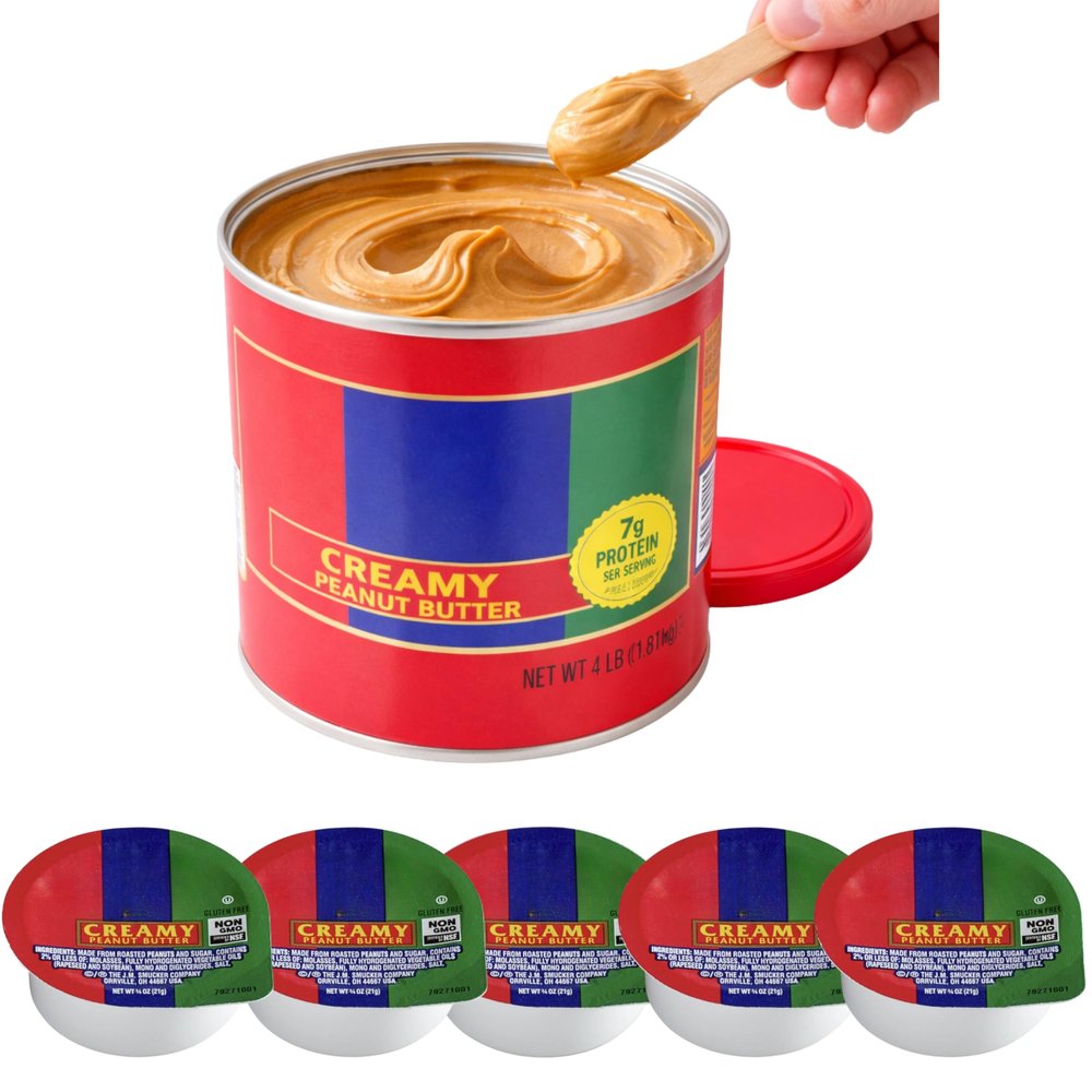 Creamy Peanut Butter Bundle 4 lb Family Size Can + 5 Mini Single Serve Cups (3/4 oz Each) with Wooden Spoon Smooth Peanut Spread for Snacks, Baking & Meal Prep