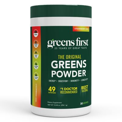 Greens First Original Greens Powder - 49 Superfoods - Organic Fruits & Veggies - Prebiotics, Probiotics & Digestive Enzymes - Antioxidant - Dairy Free/Vegan/Non-GMO (Strawberry Kiwi, 30 Servings)