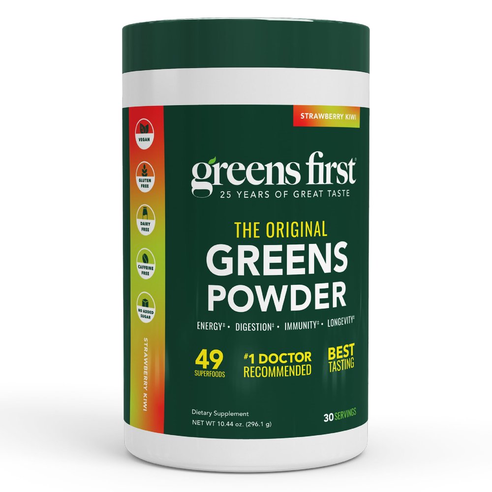 Greens First Original Greens Powder - 49 Superfoods - Organic Fruits & Veggies - Prebiotics, Probiotics & Digestive Enzymes - Antioxidant - Dairy Free/Vegan/Non-GMO (Strawberry Kiwi, 30 Servings)