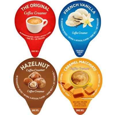 Ultimate Coffee Creamer Variety Pack 120 Single-Serve Liquid Creamers Optimized Flavor Ratio 4 Flavors: Original, French Vanilla, Hazelnut & Caramel Macchiato No Refrigeration Needed