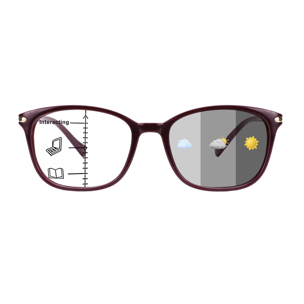1Pair VisionGlobal Portable Progressive Multifocal Glasses, Photochromic Gray Sunglasses for Unisex Red,+0.75/+3.25Magnification