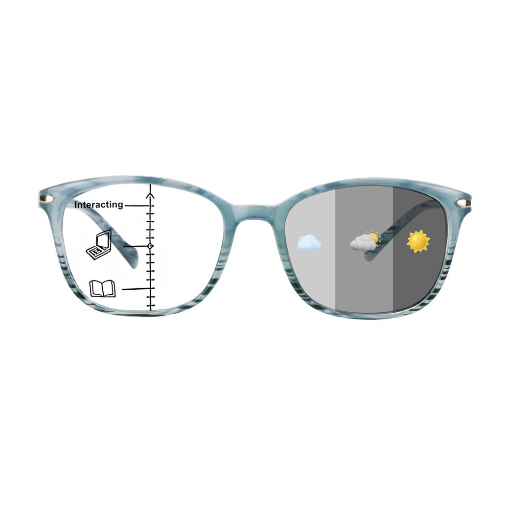 1Pair VisionGlobal Portable Progressive Multifocal Glasses, Photochromic Gray Sunglasses for Unisex Slate Blue,+0.50/+2.75Magnification