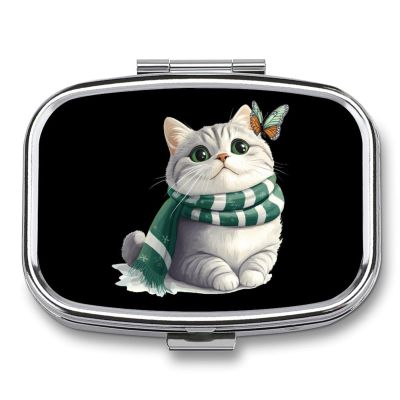 Cat Butterfly Travel Pill Case 2 Compartments Pill Organizer Small Pill Box for Purse Pocket