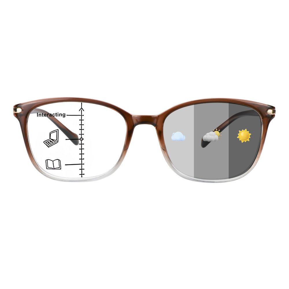 1Pair VisionGlobal Portable Progressive Multifocal Glasses, Photochromic Gray Sunglasses for Unisex Clear Brown,+0.00/+1.00Magnification